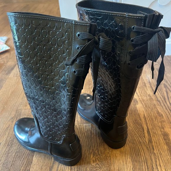 Coach Signature Women's Rain Boots Ribbon Black FG1876 (Size 6) - Picture 1 of 7